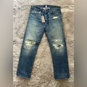 RRL, Ralph Lauren Double RL Distressed Blue Slim Narrow Jeans